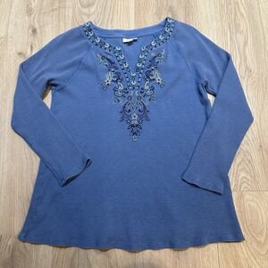 J. Jill Waffle Knit Embroidered Long Sleeve Thermal Top Sz M Periwinkle Blue
